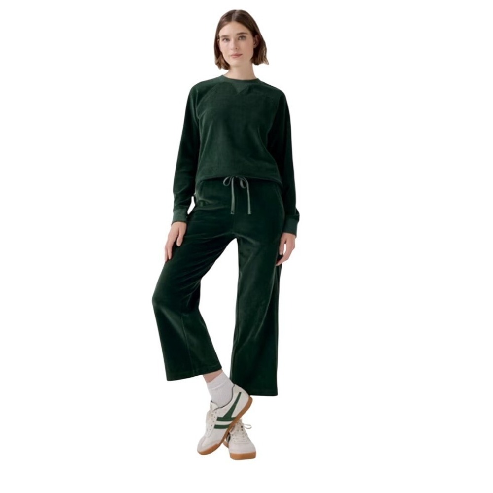 Pact Pure‎ Velour Wide Leg Pants XL NWOT Drawstring Soft Lounge Cropped Green
